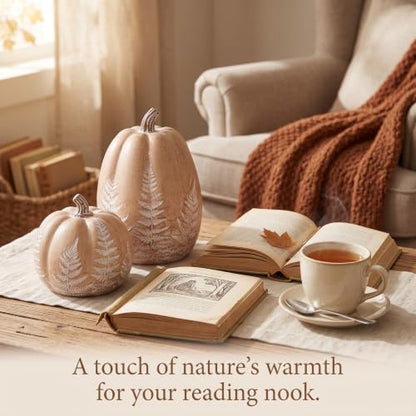 Brown Resin Fall Pumpkins with Leaves Pattern - Rustic Home Decor, Set of 2