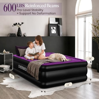 Full Air Mattress with Built-In Pump - 18 Inch Raised Support, Purple Flocked Surface