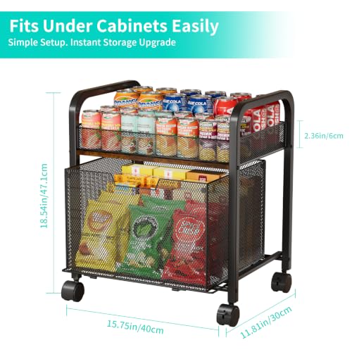 2-Tier Rolling Pantry Organizer Cart with Mesh Drawer - Black