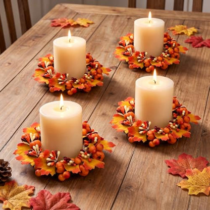 Orange Thanksgiving Candle Rings Set - Fall Pumpkin Wreaths for Decor