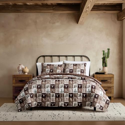 Queen Reversible Quilt Set with Matching Shams - Western Patch Design, Fall Brown