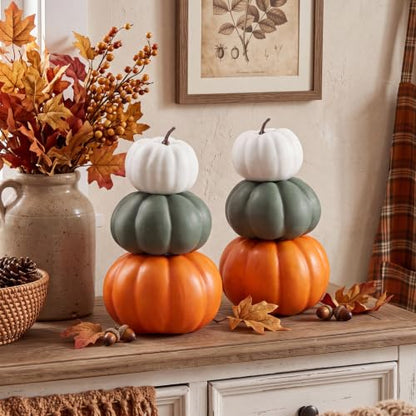 Marsui Fall Decor 2-Set Stacked Pumpkins with White, Green, Orange - 11.8"