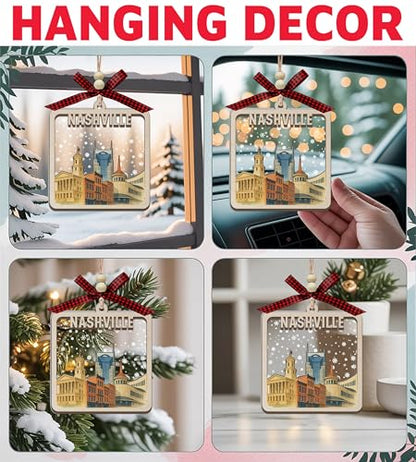 Wooden Christmas Ornament with Skyline and Snow Scene - Holiday Decor