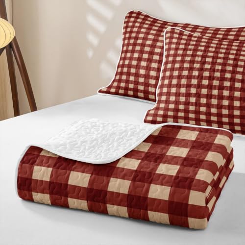 Manfei Gingham Red Twin Quilt Set with Pillow Sham - Microfiber Lightweight Farmhouse Bedding