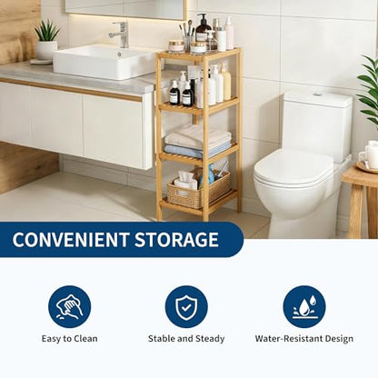 Natural Bamboo 4-Tier Narrow Storage Rack for Bathroom & Home - Water-Resistant