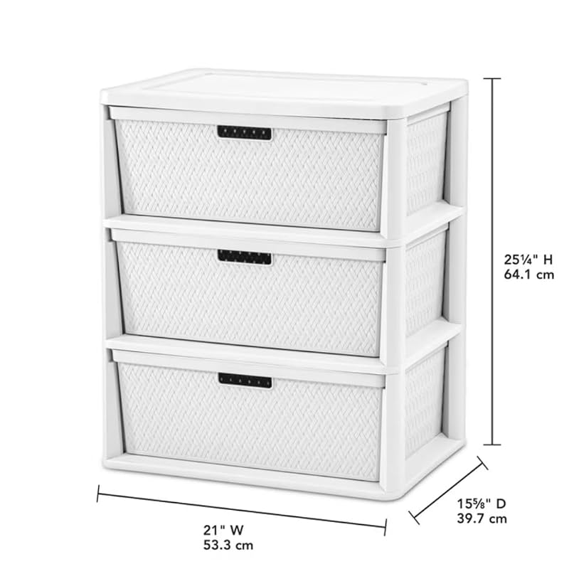 2 Pack Wide 3-Drawer Storage Tower with Removable Bins — White Cross-Weave Organizer (Variation: White)