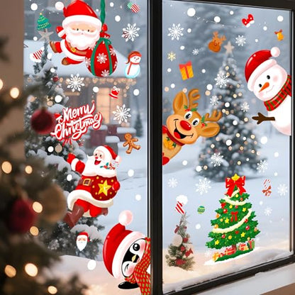 Christmas Window Clings Double-Sided Decor - Santa Snowman Reindeer Penguins & Snowflakes - 6 Sheets for Indoor Outdoor Holiday Scene - Christmas Day
