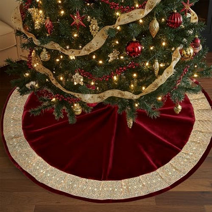 48 Inch Luxury Red Velvet Christmas Tree Skirt with Gold Glitter Trim