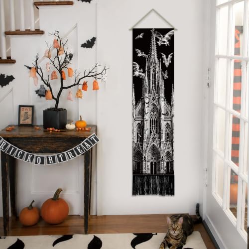 Halloween Bat Castle Gothic Cathedral Wall Tapestry Set - Black & White Decor