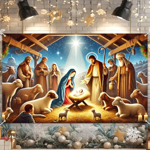 Christmas Nativity Scene Banner Holy Family Jesus Manger Wall Decor 71 x 43 Inches