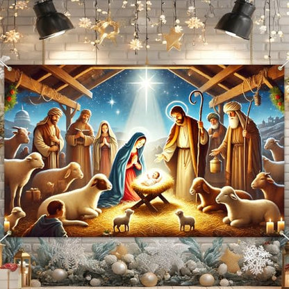 Christmas Nativity Scene Banner Holy Family Jesus Manger Wall Decor 71 x 43 Inches