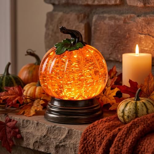 Glitter Lighted Pumpkin Snow Globe with LED Warm Glow Halloween Decor