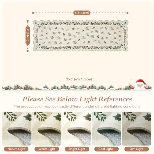 LIVEBOX Christmas Runner Rug for Kitchen 2x6 Beige Washable Non Slip Floral Bow Scalloped Edge