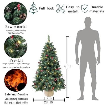 4ft Pre-lit Artificial Christmas Tree with LED Lights, Berries & Pinecones
