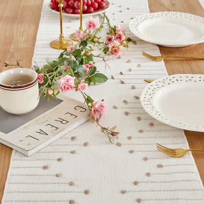 Wracra Boho Table Runner Taupe/Ivory 14x108 Inches Woven Rustic Decor