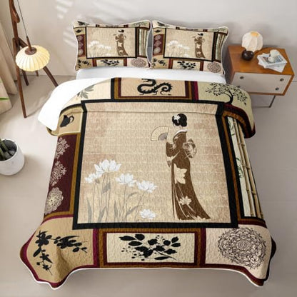 Queen Lotus Quilt Set with Brown White Variation - Soft All-Season Bedspread