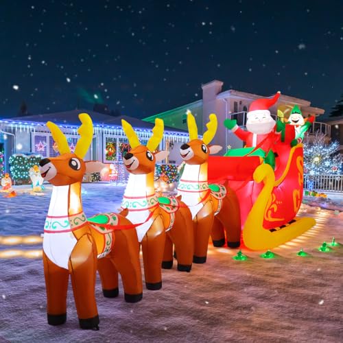 12 Ft Christmas Inflatable Reindeer with Santa Sleigh & LED Lights for Outdoor Yard Decor