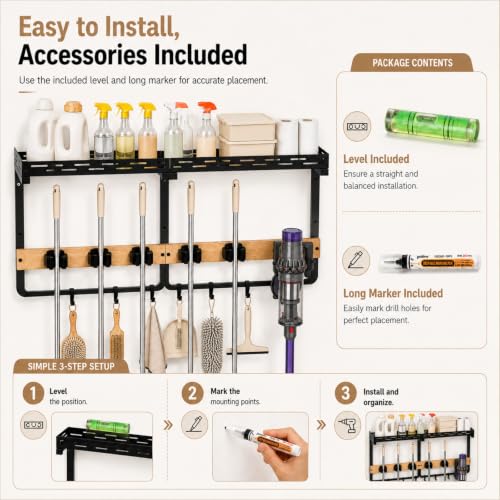 Wall Mount Broom and Mop Organizer with Shelf and Hooks for Laundry and Garage