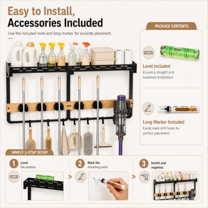 Wall Mount Broom and Mop Organizer with Shelf and Hooks for Laundry and Garage