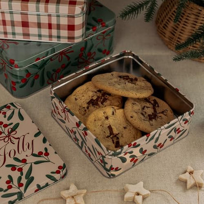 Square Cookie Tin Set of 3 - Holly Jolly Holiday Gift Containers