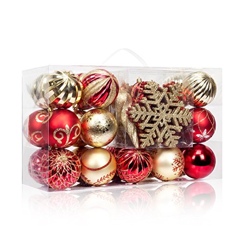 Assorted Christmas Ball Ornaments Set with Reusable Gift Box - Red Gold 80mm