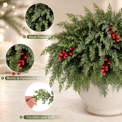 20Pcs Christmas Cedar Branches with Berries - 18 Inch Lifelike Touch Faux Greenery