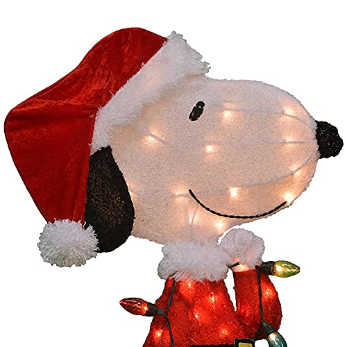 Pre-Lit Peanuts Snoopy Santa Christmas Yard Decoration - 24 Inch Outdoor Indoor Holiday Ornament with Lights and Stand