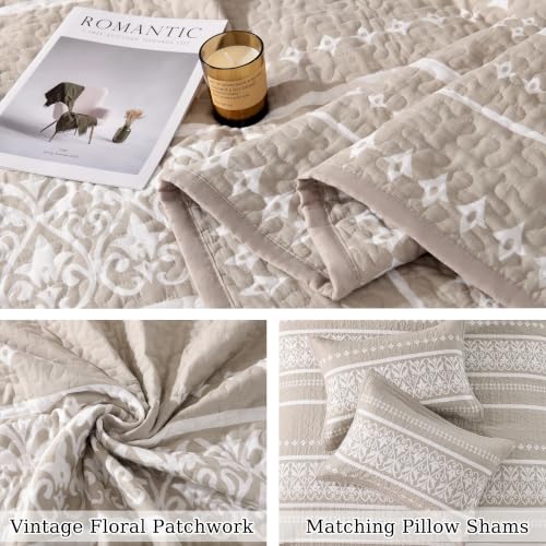 Boho King Quilt Set 100% Cotton Bedding with Pillow Shams - Beige