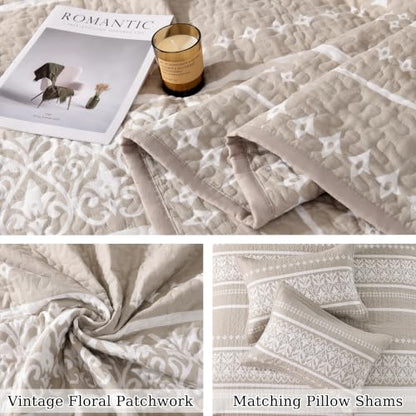 Boho King Quilt Set 100% Cotton Bedding with Pillow Shams - Beige