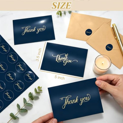 Thank You Cards with Envelopes & Stickers - Navy Blue 52 Pack