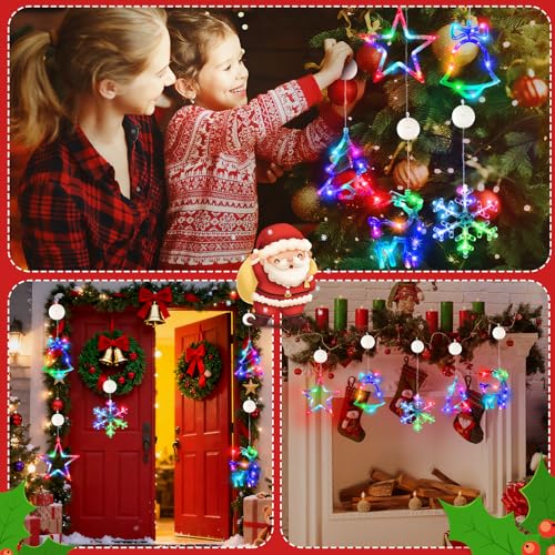 Christmas Window Lights Decorations Multi-Color Battery Operated Bell Snowflake Reindeer Star Set with Suction Cups