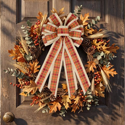 Large Fall Plaid Burlap Wreath Bow - Orange Autumn Door Decor