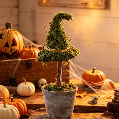 Grey Halloween Witch Hat Topiary Plant with Pot - Artificial Moss Decor