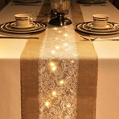 Burlap Table Runners with Lights - 12 x 108 Inches, Floral Lace, 12 Pcs - Flower Variation