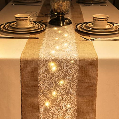 Burlap Table Runners with Lights - 12 x 108 Inches, Floral Lace, 12 Pcs - Flower Variation