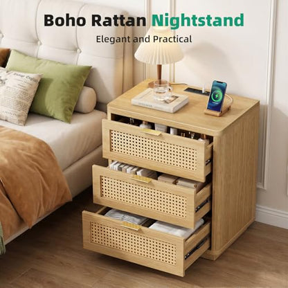 23" W Rattan Nightstand with 3 Drawers – Natural Oak Bedroom Table