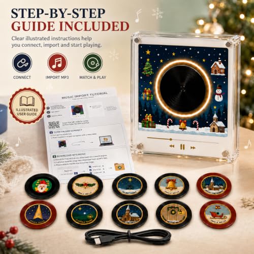 Black Christmas Mini Vinyl Record Player with NFC Discs & LED Glow - Magnetic Fridge Music Box
