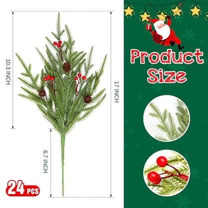 24 Pack Norfolk Pine Stems with Cone and Red Berry - Artificial Holiday Greenery