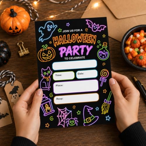 Neon Ghost Halloween Party Invitation Set - 20 Glow Cards with Envelopes
