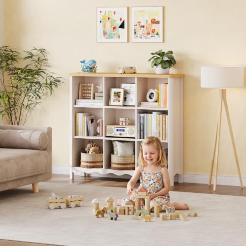 ONBRILL 9 Cube Bookcase Storage Organizer for Kids Rooms White & Nature