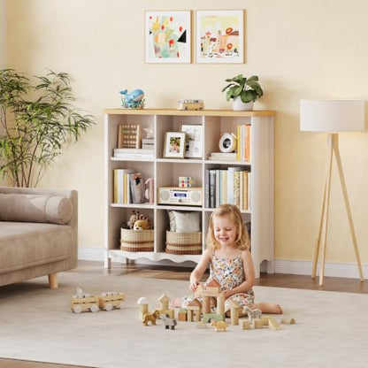 ONBRILL 9 Cube Bookcase Storage Organizer for Kids Rooms White & Nature