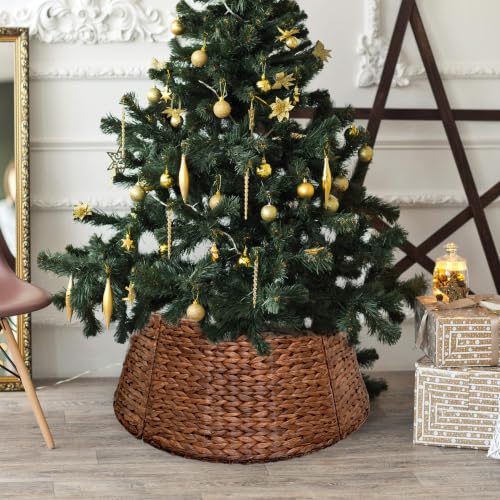 24-Inch Handwoven Water Hyacinth Christmas Tree Collar with Metal Frame - Dark Brown