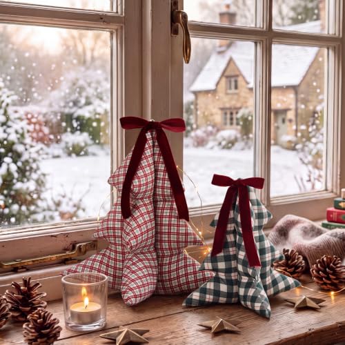 Pinkunn 2-Piece Christmas Tree Pillow Set with Velvet Bow - Red & Green Plaid