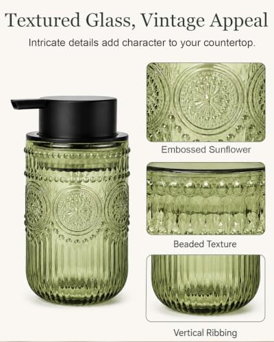 Vintage Green Glass Foam Soap Dispenser with Embossed Sunflower Pattern