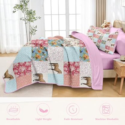 Queen Quilt Set with Horse Floral Pattern - 7 Pieces Pink Bedding