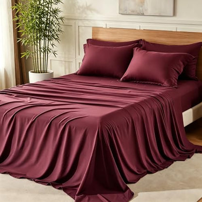 Dark Red Burgundy Twin Bed Sheets Set Rayon Derived from Bamboo 4 Piece