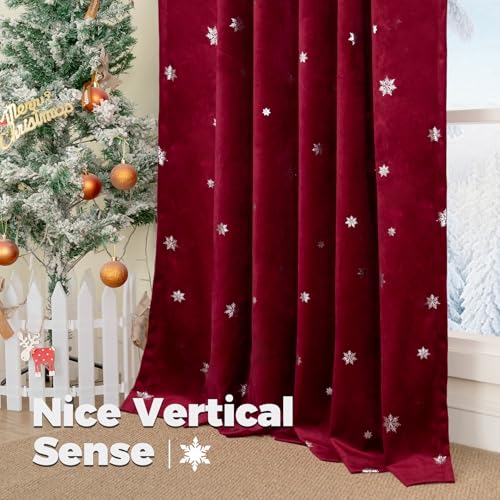 Christmas Burgundy Red Velvet Curtains Set of 2 52x84 Inches with Silver Print - Holiday Decor