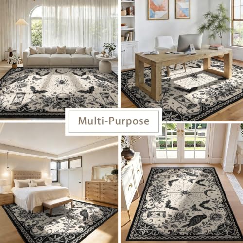 Dark Gothic Crow Spider Area Rug 3x5 ft Vintage Skull Hourglass Floor Mat Pattern 3