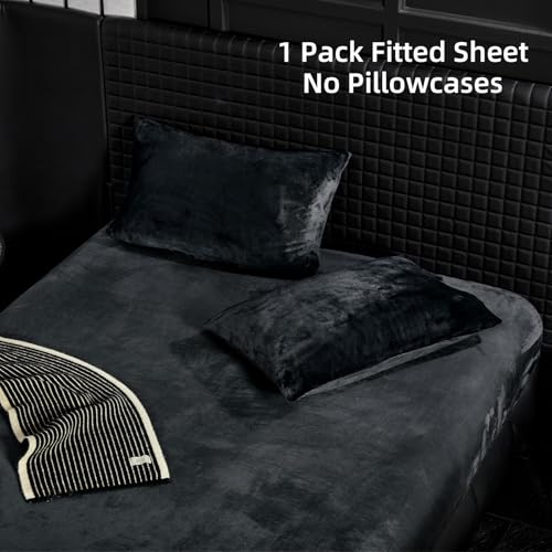 Velvet Fitted Sheet Queen Size Black - Fluffy Plush Bottom Bed Sheet