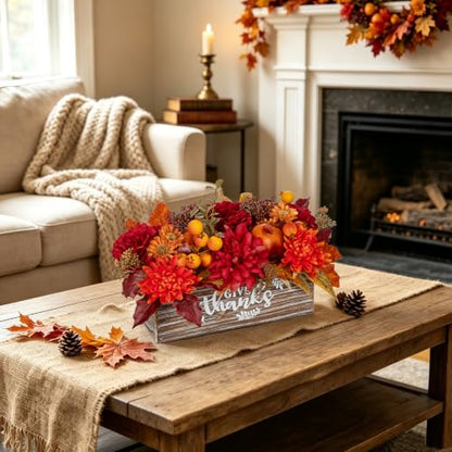 Fall Floral Centerpiece with Rustic Wooden Planter for Thanksgiving & Holiday Decor